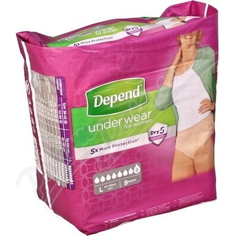 DEPEND SUPER L for women 1×9 pcs, elastic briefs, hip circumference 95-130 cm