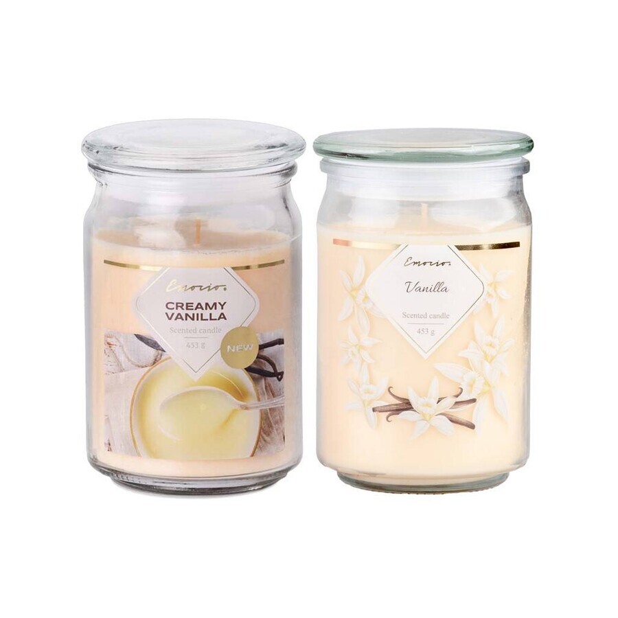 Emocio Bouteille en verre 93x142 mm avec couvercle en verre Bougie parfumée Creamy Vanilla 1×1 pc, taille 93 x 142 mm Emocio Bouteille en verre 93x142 mm avec couvercle en verre Bougie parfumée Creamy Vanilla 1×1 pc, taille 93 x 142 mm