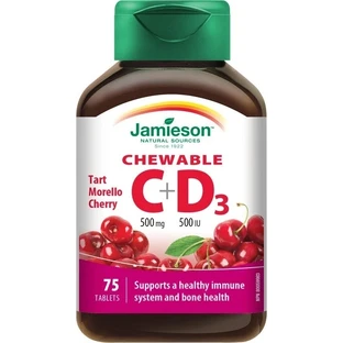 JAMIESON VITAMINS C en D3 kersen 500 mg/ 500 IU 1×75 tbl, VITAMINS C en D3, kersen