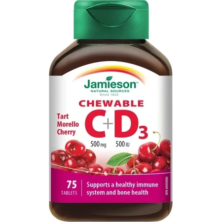 JAMIESON VITAMINS C en D3 kersen 500 mg/ 500 IU 1×75 tbl, VITAMINS C en D3, kersen