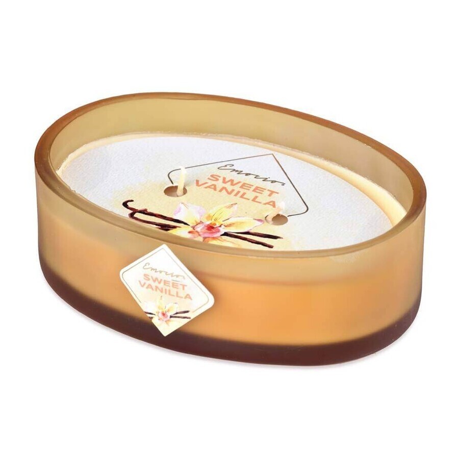 Emocio Gekleurde glazen fles 144×102×50 mm ovaal 2 lonten Sweet Vanilla geurkaars 1×1 st, geurkaars Emocio Gekleurde glazen fles 144×102×50 mm ovaal 2 lonten Sweet Vanilla geurkaars 1×1 st, geurkaars