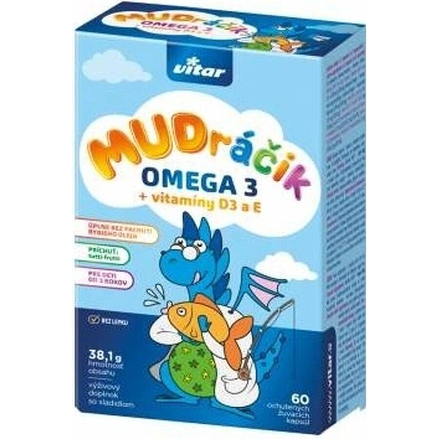 MUDráčik Omega 3 + Vitaminas D3, E 1×60 cps, cápsulas masticables con sabor tutti-frutti.