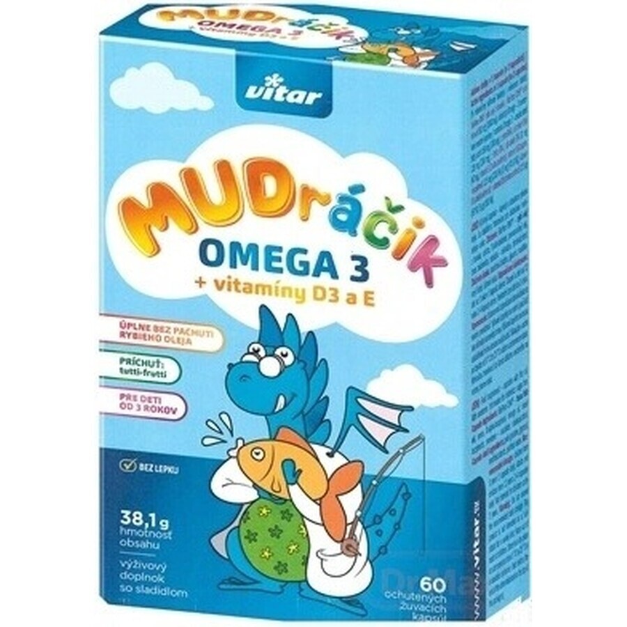 MUDráčik Omega 3 + Vitaminas D3, E 1×60 cps, cápsulas masticables con sabor tutti-frutti.