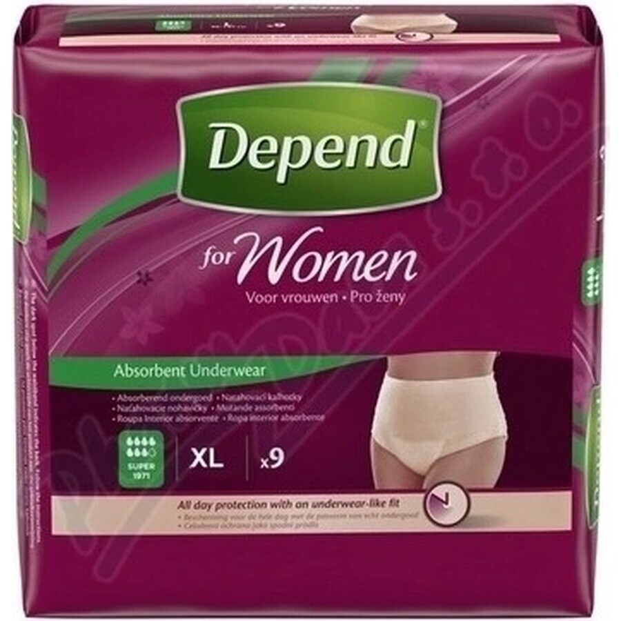 DEPEND SUPER XL para mujer 1×9 unidades, calzoncillos elásticos, perímetro de cadera 120-150 cm
