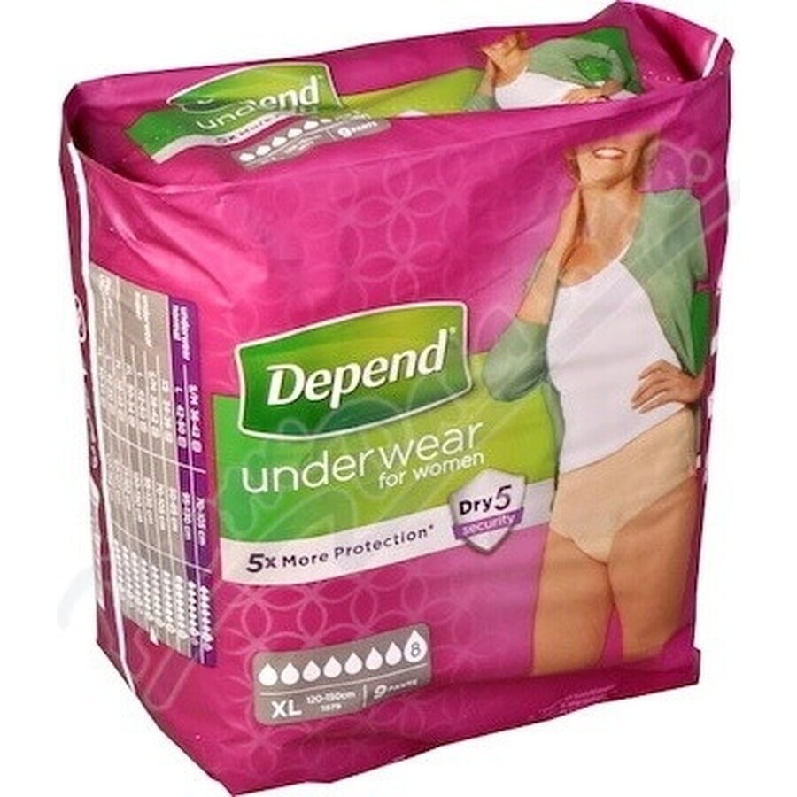 DEPEND SUPER XL para mujer 1×9 unidades, calzoncillos elásticos, perímetro de cadera 120-150 cm