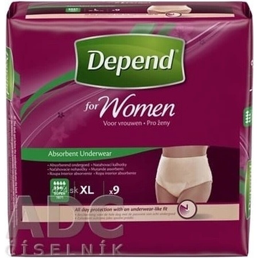 DEPEND SUPER XL para mujer 1×9 unidades, calzoncillos elásticos, perímetro de cadera 120-150 cm