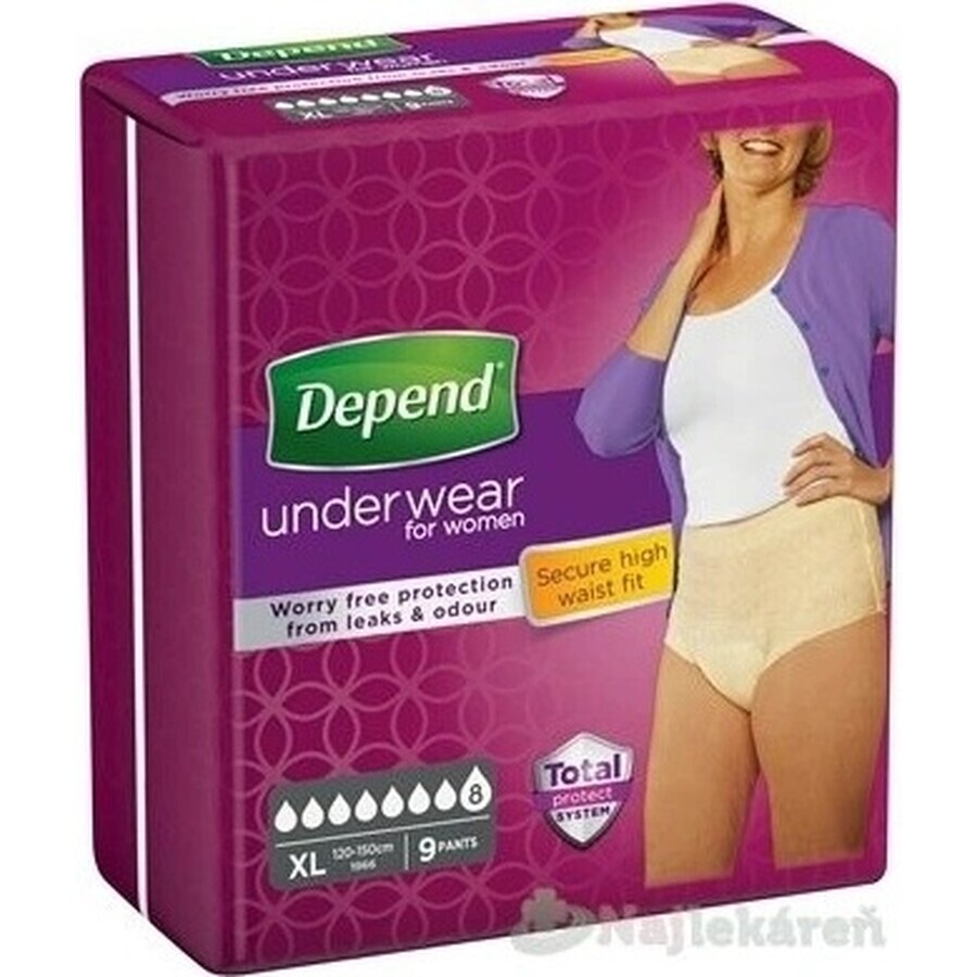 DEPEND SUPER XL para mujer 1×9 unidades, calzoncillos elásticos, perímetro de cadera 120-150 cm