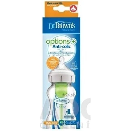 Dr.BROWN'S BABY BOTTLE OPTIONS+ 270 ml 1×1 unidad, con cuello ancho, 0M+, anticólico, vidrio, blanco