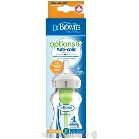 Dr.BROWN'S BABY BOTTLE OPTIONS+ 270 ml 1×1 unidad, con cuello ancho, 0M+, anticólico, vidrio, blanco