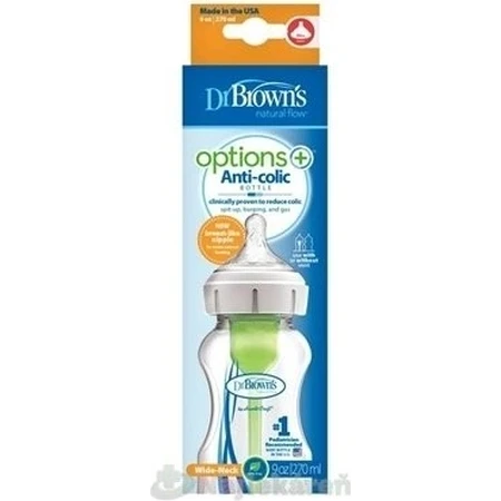 Dr.BROWN'S BABY BOTTLE OPTIONS+ 270 ml 1×1 unidad, con cuello ancho, 0M+, anticólico, vidrio, blanco