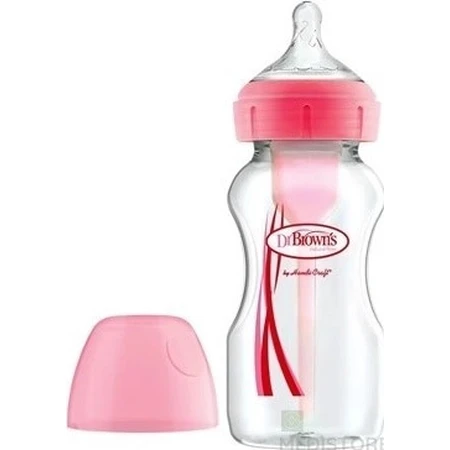 Dr.BROWN'S BABY BOTTLE OPTIONS+ 270 ml 1×1 unidad, con cuello ancho, 0M+, anticólico, vidrio, blanco