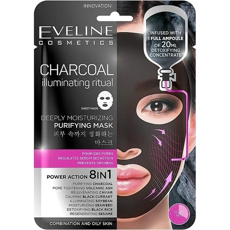 EVELINE CHARCOAL CHARCOAL DEEPLY MOISTURISING FACE SHEET MASK 1×20 ml, mascarilla