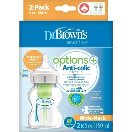 Dr.BROWN'S Saugflasche OPTIONS+ 150 ml Duopack 1×2 Stück, antikolikale Saugflasche 0m+