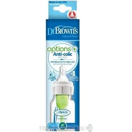 Biberon Dr. BROWN'S OPTIONS+ 120 ml 1×1 pc, étroit, 0M+, anti-colique, plastique, blanc