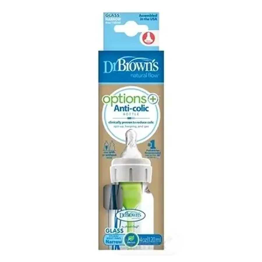Dr.BROWN'S BABY BOTTLE OPTIONS+ 120 ml 1×1 ud, estrecho, 0M+, anticólico, vidrio, vidrio blanco