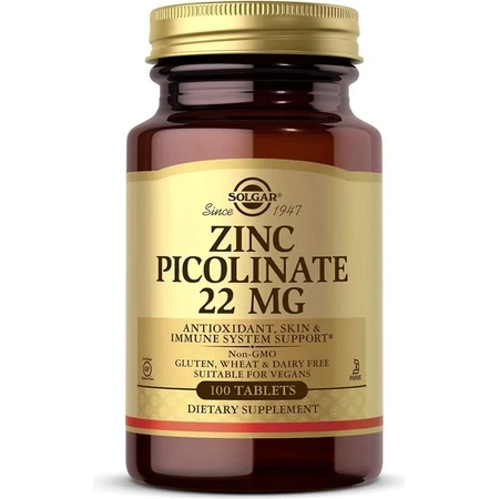 Solgar Zinc 22 mg Picolinato de Zinc 100 comprimidos 1×100 tbl, complemento alimenticio