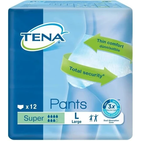 TENA PANTS SUPER LARGE 1×12 Stück, elastische, saugfähige Slips, Absorption 2010 ml, Hüftumfang 100-135 cm