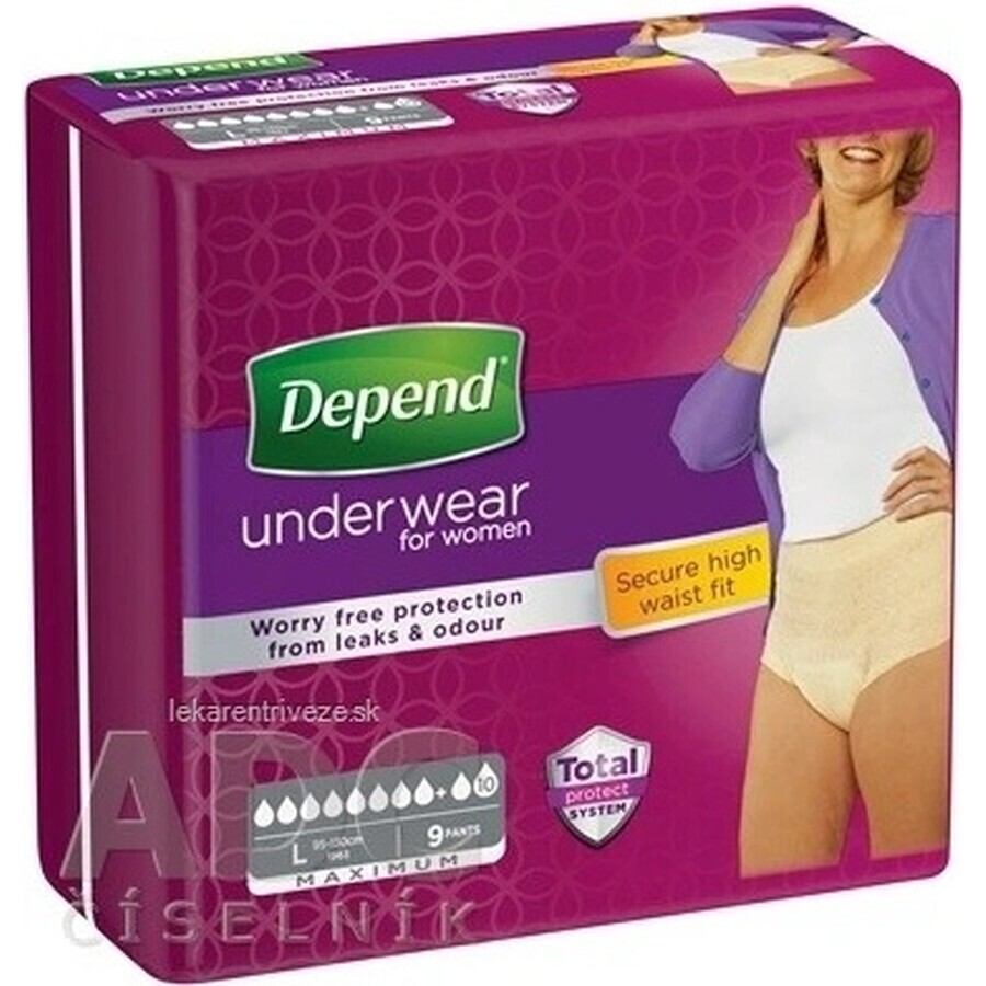 DEPEND MAXIMUM L per donna 1×9 pezzi, slip elasticizzato, circonferenza fianchi 95-130 cm