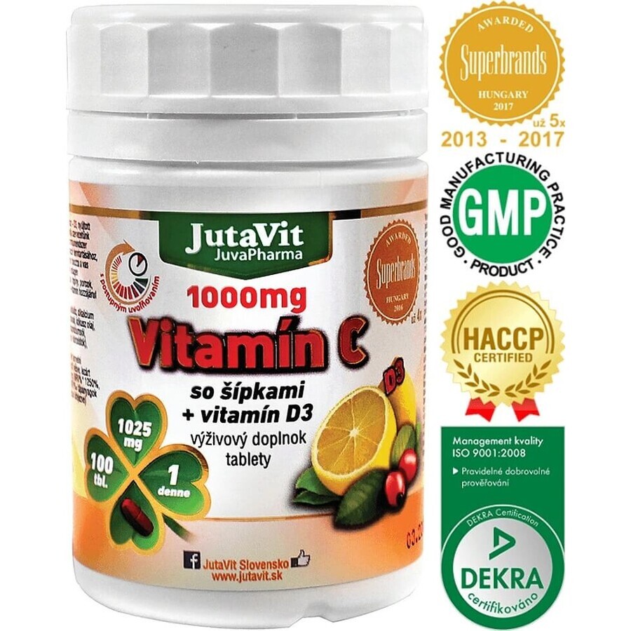 JutaVit Vitamin C 1000 mg mit Hagebutte + Vitamin D3 1×100 tbl, Vitamin C 1000 mg mit Hagebutte + Vitamin D3