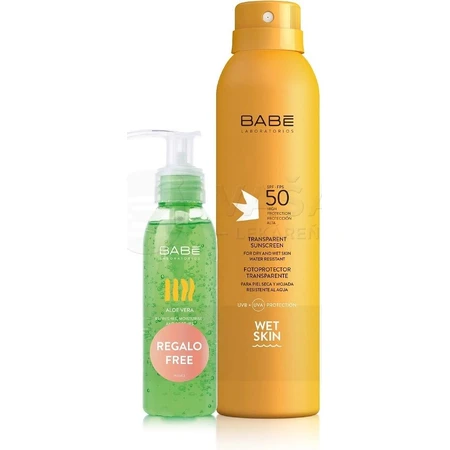 BABÉ SUN Spray Solar SPF 50 + Gel Aloe vera, 1x1 set 1x200 + 90 ml, spray solar + regalo: gel refrescante