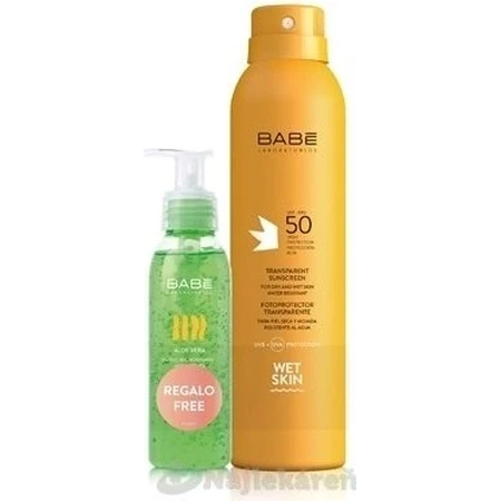 BABÉ SUN Spray Solar SPF 50 + Gel Aloe vera, 1x1 set 1x200 + 90 ml, spray solar + regalo: gel refrescante