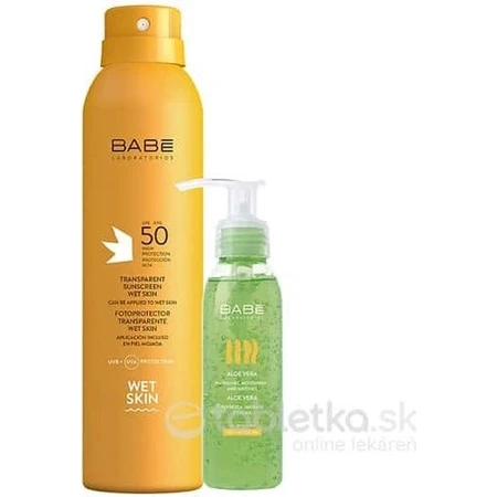 BABÉ SUN Spray Solar SPF 50 + Gel Aloe vera, 1x1 set 1x200 + 90 ml, spray solar + regalo: gel refrescante