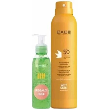 BABÉ SUN Spray Solar SPF 50 + Gel Aloe vera, 1x1 set 1x200 + 90 ml, spray solar + regalo: gel refrescante