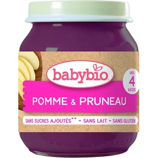 BABYBIO manzanas y ciruelas bio 1×130 g, snack de fruta bio
