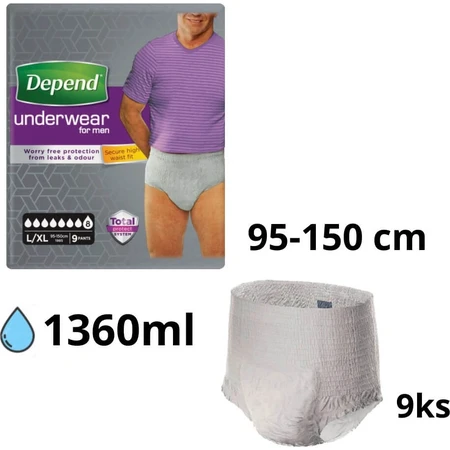 DEPEND SUPER L/XL pour hommes 1x9 pcs, slips élastiques, tour de hanches 95-150 cm
