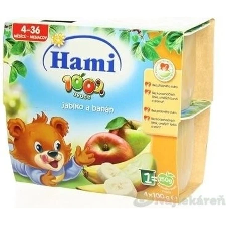 Aliment Hami 100 % fruits Pommes et bananes 4×100 g, première cuillère (à partir de la fin du 4e mois)