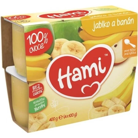 Aliment Hami 100 % fruits Pommes et bananes 4×100 g, première cuillère (à partir de la fin du 4e mois)