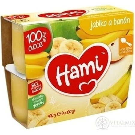 Aliment Hami 100 % fruits Pommes et bananes 4×100 g, première cuillère (à partir de la fin du 4e mois)
