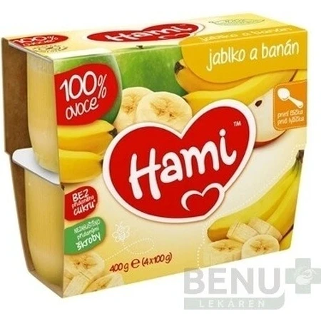 Aliment Hami 100 % fruits Pommes et bananes 4×100 g, première cuillère (à partir de la fin du 4e mois)