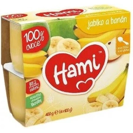 Aliment Hami 100 % fruits Pommes et bananes 4×100 g, première cuillère (à partir de la fin du 4e mois)