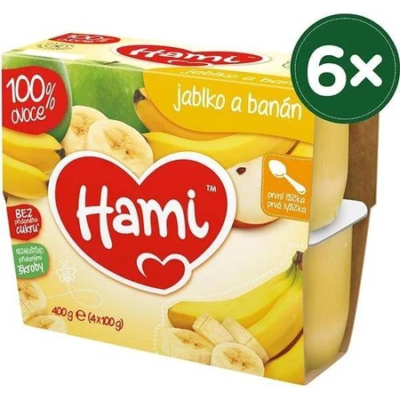 Aliment Hami 100 % fruits Pommes et bananes 4×100 g, première cuillère (à partir de la fin du 4e mois)