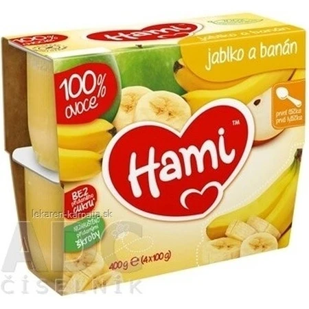 Aliment Hami 100 % fruits Pommes et bananes 4×100 g, première cuillère (à partir de la fin du 4e mois)