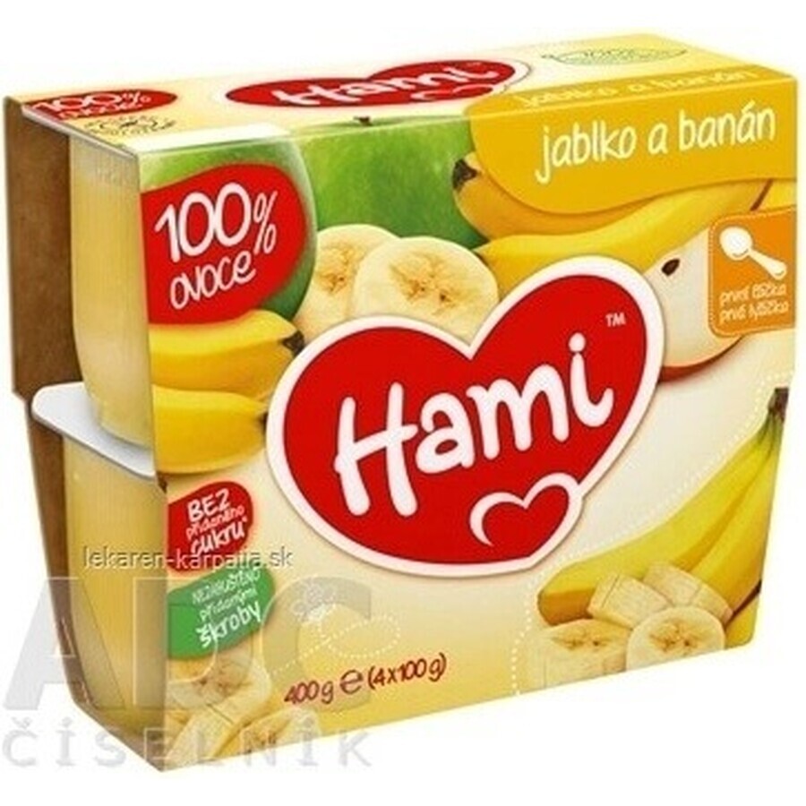 Hami fruit food 100% fruit Apples and bananas 4×100 g, first spoonful (from the end of the 4th month) Hami fruit food 100% fruit Apples and bananas 4×100 g, first spoonful (from the end of the 4th month)