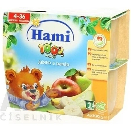 Aliment Hami 100 % fruits Pommes et bananes 4×100 g, première cuillère (à partir de la fin du 4e mois)