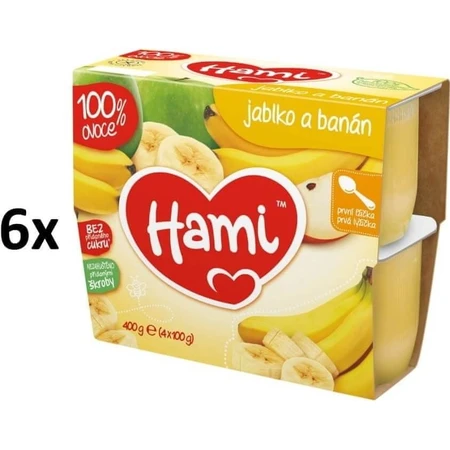 Aliment Hami 100 % fruits Pommes et bananes 4×100 g, première cuillère (à partir de la fin du 4e mois)