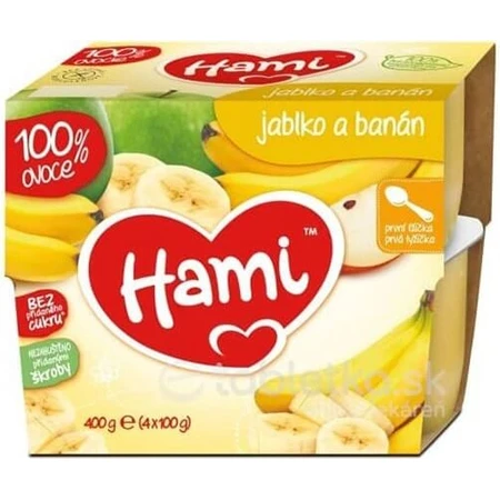 Aliment Hami 100 % fruits Pommes et bananes 4×100 g, première cuillère (à partir de la fin du 4e mois)