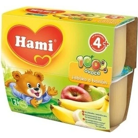 Aliment Hami 100 % fruits Pommes et bananes 4×100 g, première cuillère (à partir de la fin du 4e mois)