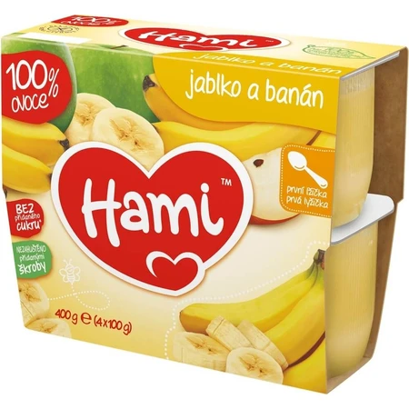 Aliment Hami 100 % fruits Pommes et bananes 4×100 g, première cuillère (à partir de la fin du 4e mois)