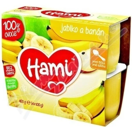 Aliment Hami 100 % fruits Pommes et bananes 4×100 g, première cuillère (à partir de la fin du 4e mois)