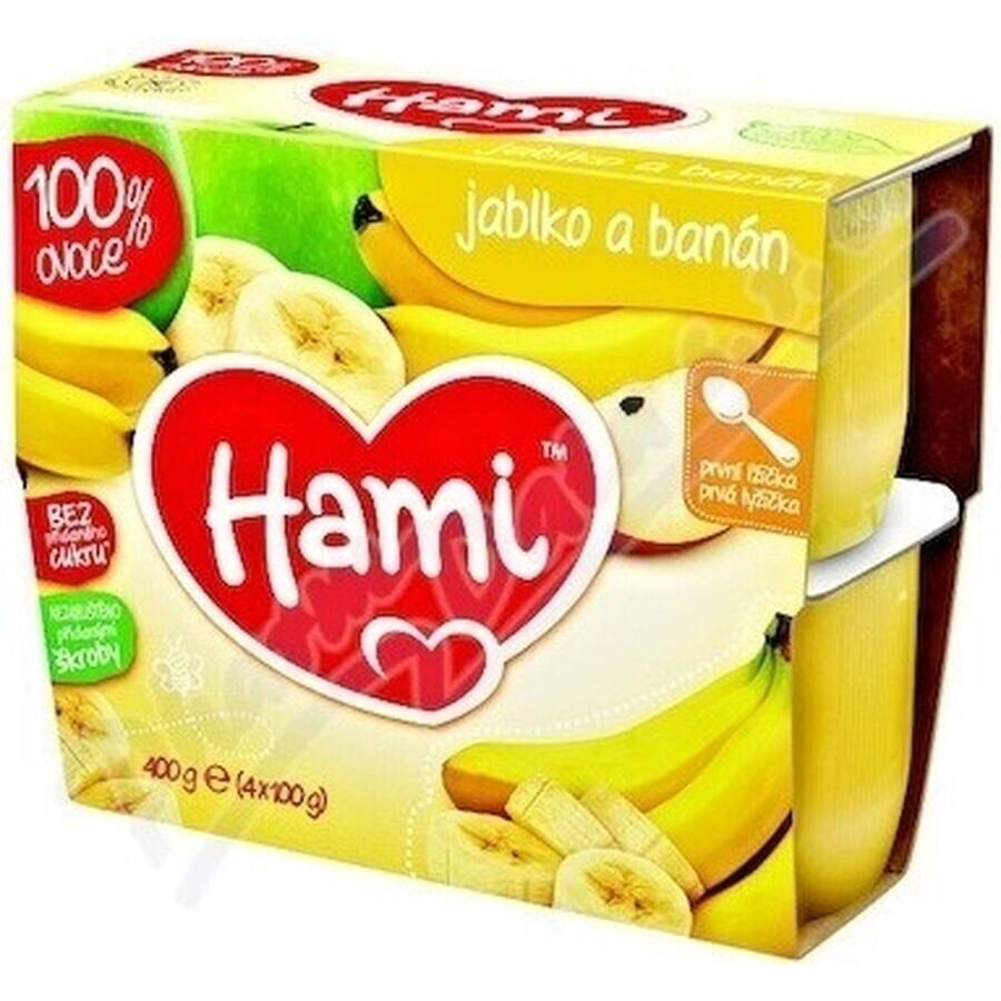 Hami fruit food 100% fruit Apples and bananas 4×100 g, first spoonful (from the end of the 4th month) Hami fruit food 100% fruit Apples and bananas 4×100 g, first spoonful (from the end of the 4th month)