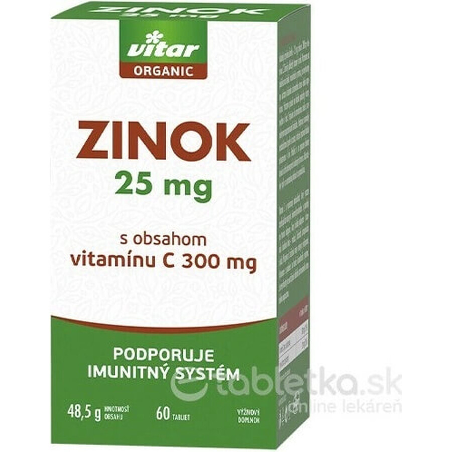 VITAR ORGANIC Zinc 25 mg 1×60 tbl, care conține vitamina C