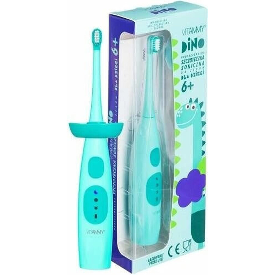 VITAMMY DINO Brosse à dents sonique en forme de dinosaure, turquoise, à partir de 6 ans + 1×1 pcs, brosse à dents sonique