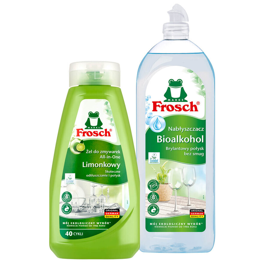 Frosch set, vaatwasgel, kalk, 650 ml + vaatwasmiddel, bio-alcoholbasis, 750 ml