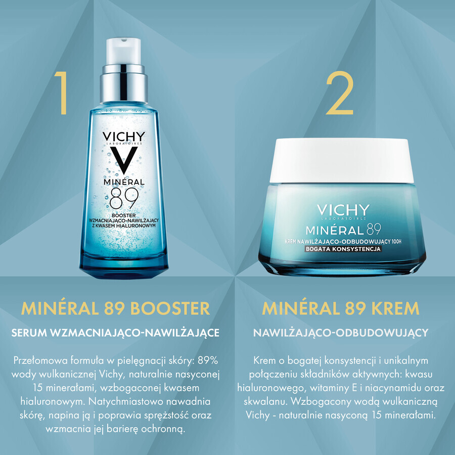 Set Vichy Mineral 89, booster de întărire și hidratare cu acid hialuronic, 50 ml + cremă hidratantă și revitalizantă bogată, 100h, 50 ml