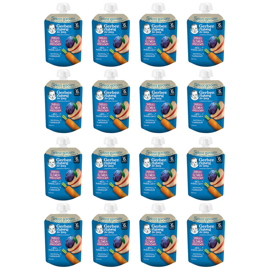 Set de postres Gerber en tubo, manzana, ciruela, zanahoria, a partir de 6 meses, 16 x 80 g ENVASADO CON FUNDA