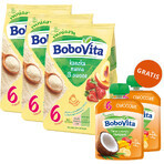 BoboVita pap manna set, 3 vruchten, melkvrij, na 6 maanden, 3 x 180 g + mousse in tube, banaan met mango en kokos, 2 x 80 g vrij
